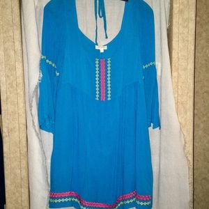 Umgee Turquoise Bohemian, bell sleeve dress